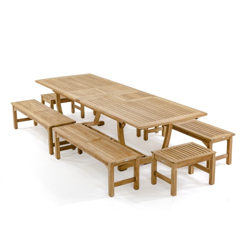 70009 Grand Veranda teak dining table and bench set angled on white background