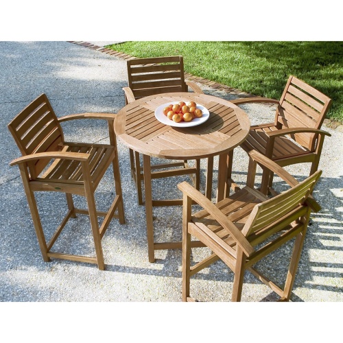 70013 Somerset teak 5 piece Bar Table Set of 4 bar stools and 36 inch round bar table on patio with bowl of oranges on table aerial view with grass area background