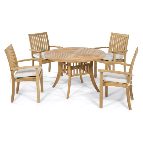 70027 Grand Hyatt 5 piece teak Dining Set showing 4 dining armchairs with optional canvas color cushions and 48 inch round dining table angled on white background