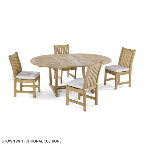 70031 Martinique Veranda 5 piece Dining Set of 4 teak dining side chairs and teak extendable oval dining table angled top view on white background