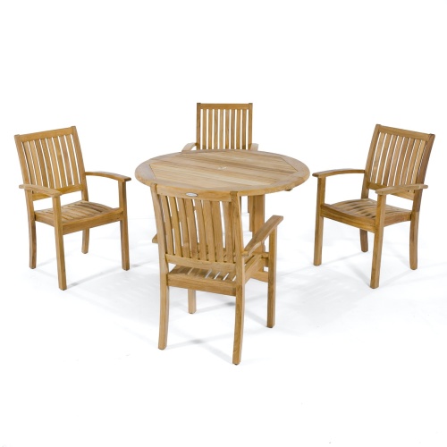 70033 Sussex Barbuda 5 piece teak Dining Set of 4 teak dining armchairs and round 48 inch diameter dining table side angled view on white background