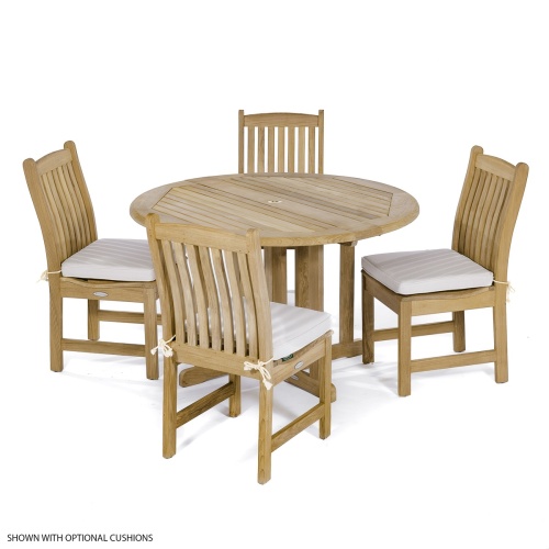 70054 Veranda Barbuda 5 piece Dining Set of 4 teak dining side chairs with optional seat cushions and 48 inch round dining table angled on white background 