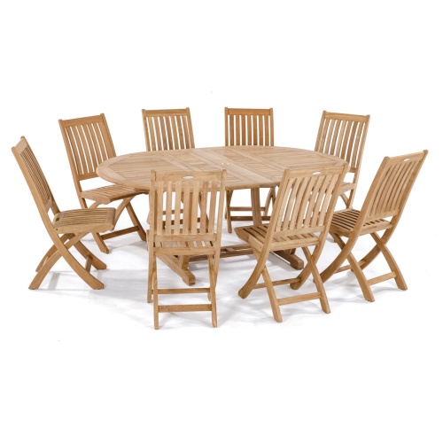 70060 Barbuda Martinique 9 piece oval Dining Set of 8 folding side chairs and an oval dining table with double butterfly leaf extensions side angled aerial view on white background