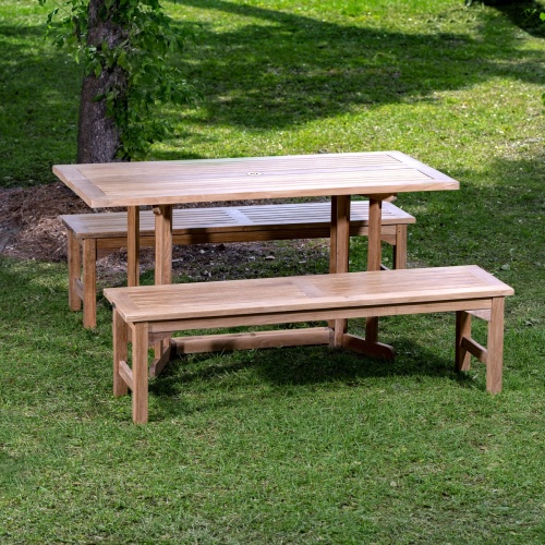 70061 Barbuda Picnic Table teak Dining Set on grass field with tree in background
