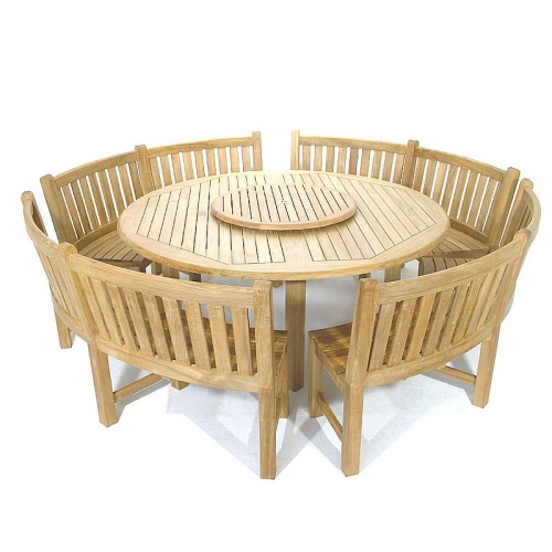 70067 Buckingham teak Curved Bench Dining Set of 72 inch round dining table with teak lazy susan in center umbrella hole and 4 curved 6 foot benches on white background