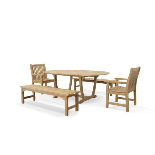 70077 Martinique Veranda Bench and Chair Set of oval extendable teak table and 2 teak armchairs and two 5 foot backless benches side angled on white background