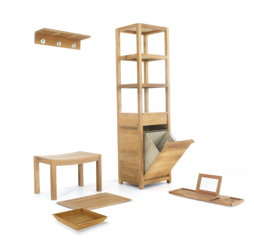 70089 Pacifica teak Spa Set showing  linen tower vanity tray stool bathtub tray towel shelf bath mat on white background