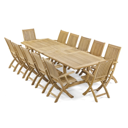 70095 Barbuda Veranda teak patio set with extendable rectangle table and twelve folding armchairs angled on white background