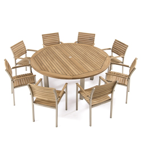 70111 Vogue teak and stainless steel 9 piece round Dining Set of 8 dining armchairs and 72 inch round table in top angled view on white background