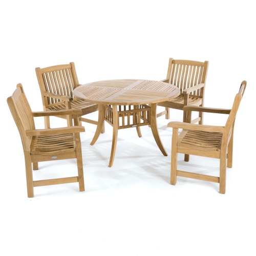 70159 Hyatt Veranda 5 piece teak Dining Set of 4 armchairs and round 48 inch diameter table  angled aerial view on white background 