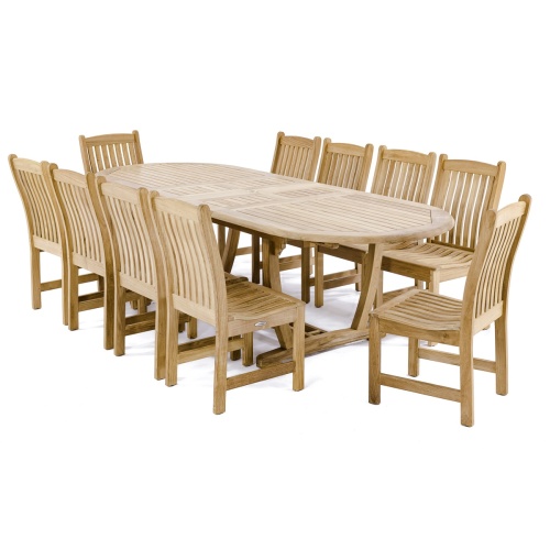 70166 Montserrat 11 piece teak oval Dining Set of 10 side chairs and oval teak dining table angled end view on white background