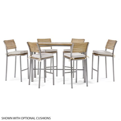 70167 Vogue 7 piece stainless steel and teak Bar Table Set side view with optional canvas color cushions on seats on white background