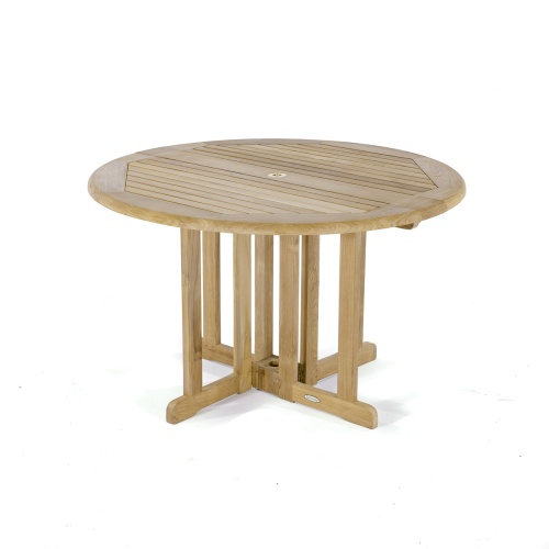 70179  Barbuda teak folding 48 inch round dining table side angled view on white background