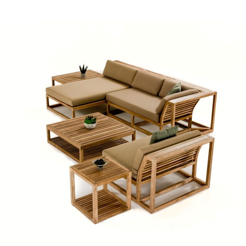 70231 Maya Deep Seating 6 piece teak Lounge Set with cushions aerial view and 3 potted succulents on a white background