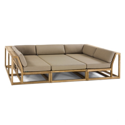  70274 maya three piece teak mid century modern sofa daybed with cushions front angled view on white background