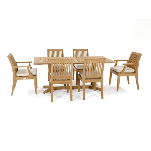 70293 Pyramid 7 piece teak Dining Set side aerial view with optional seat cushions on white background