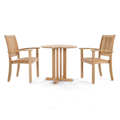 70296 Sussex 3 piece Teak Bistro Set of 2 teak dining armchairs and round 30 inch diameter dining table  side view on white background