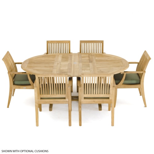 70306 Martinique 7 piece teak Dining Set with optional seat cushions side aerial view on white background