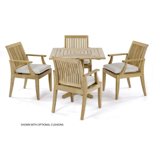 70417 Laguna Pyramid 5 piece teak Dining Set of 4 dining armchairs with optional seat cushions and 36 inch square teak table side view on white background