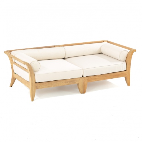70429 aman dais teak two piece loveseat set showing two corner sectionals with bolsters and cushions angled on white background 