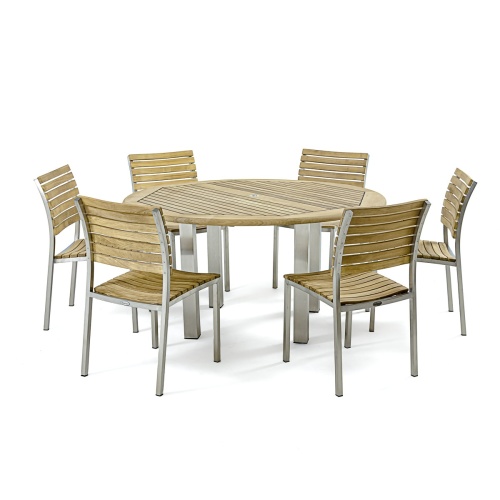70439 Vogue stainless steel and teak 7 piece round Dining Set of 6 dining side chairs and round 60 inch diameter dining table angled view on white background