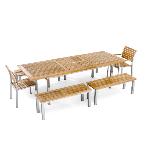 70440 Vogue 7 piece Teak and Stainless Steel Picnic Set angled aerial view on white background