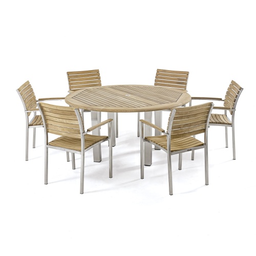 70442 Vogue 7 piece teak and stainless steel Dining Set of 6 armchairs and a round 60 inch diameter table angled on white background