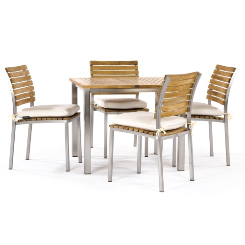 70443 Vogue 5 piece teak and stainless steel Square Dining Set with optional canvas colored seat cushions on white background