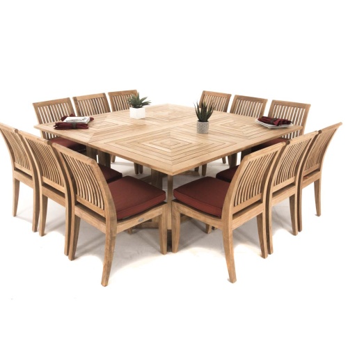 70447 Pyramid Dining Set for 8 with place settings and 2 plants on table in corner angled on white background 