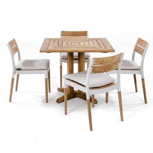 70451 Pyramid Bloom Dining Set of 4 Bloom teak and powder coated aluminum dining side chairs with optional seat cushion and Pyramid 36 inch square teak dining table 