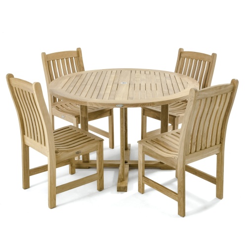 70484 Veranda 4 foot round Dining Set of 4 teak side chairs and 4 foot round teak dining table on white background