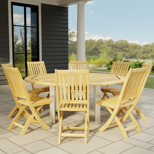 70486 Vogue Teak Barbuda Dining Set for 8 of Vogue Dining Table and 8 Barbuda folding Side Chairs on tiled patio with window and house and pillar and white fence with trees in background 