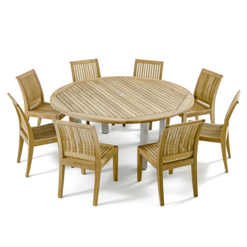 70488 Vogue Laguna Dining Set of 8 teak side chairs and a teak 72 inch round dining table angled side view on white background