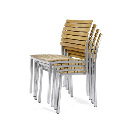 70490 Vogue teak and stainless steel dining side chair side angled view stacked 4 high on white background