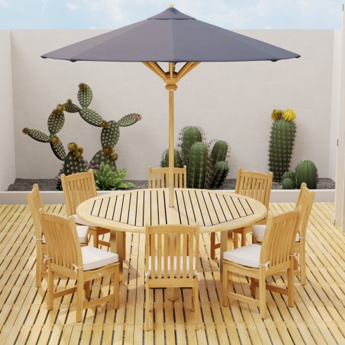 70492  Vogue Veranda Dining Set with optional umbrella and seat cushions on teak tiled patio angled side view in front of a privacy wall with cactus plants in background