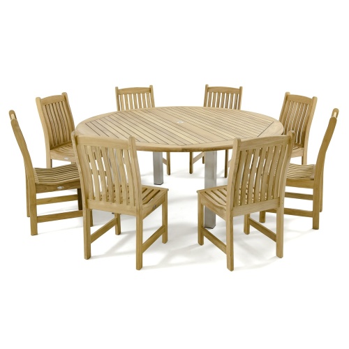 70492 Vogue Veranda teak and stainless steel 9 piece Dining Set of 8 teak side chairs and 72 inch round dining table angled view on white background