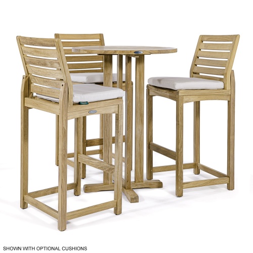 70502 Somerset 4 piece teak Bistro Bar Set of 3 barstools and Bar Table with optional cushions on white background