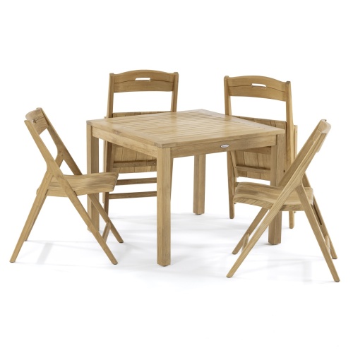 70513 Surf teak 5 piece square Dining Set showing 2 side chairs folded closed leaning against table and 2 side chairs open on white background