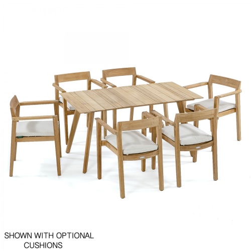 70524 Surf Horizon teak 7 pc rectangular Dining Set with optional canvas colored seat cushions angled aerial view on white background