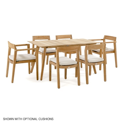 70525 Surf Horizon 7 piece teak Dining Set with optional canvas colored seat cushions angled aerial view on white background