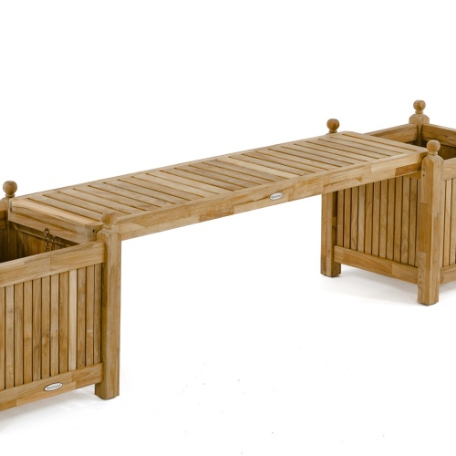 70530 single teak planter bench set showing two planters and one seat panel set on white background
