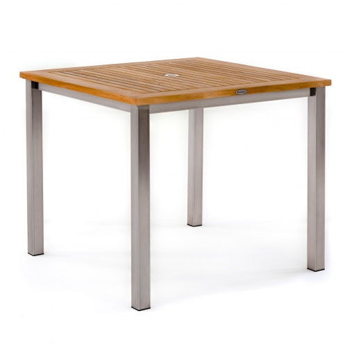 70539 Vogue Odyssey teak and stainless steel square dining table angled view on white background