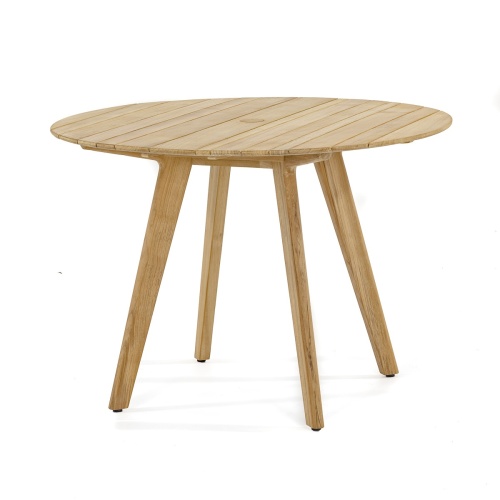 70548 Vogue and Surf teak 42 round dining table side view of top and table legs on white background