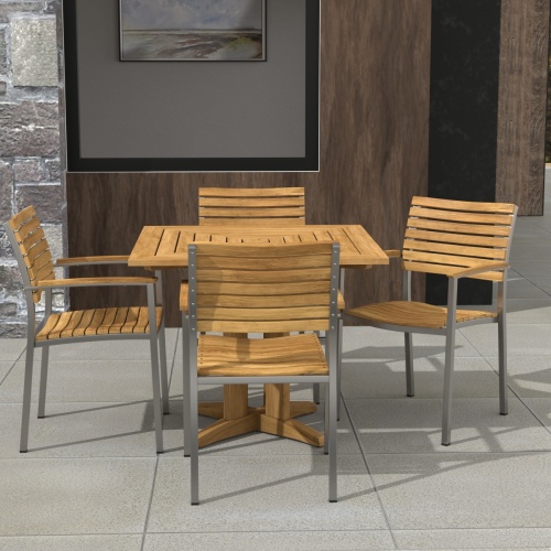 70575 Vogue Pyramid 5pc Dining Set of Pyramid 36 inch Square Dining Table and 4 Vogue Teak and Stainless Steel Stacking Arm Chair on patio with a picture and window in background