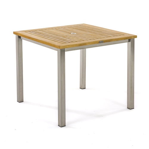 70578 Vogue Barbuda 36 inch square teak and stainless steel dining table angled on white background