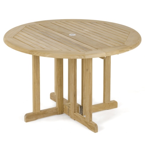 70608 Barbuda Horizon teak round dining table angled top and side view on white background