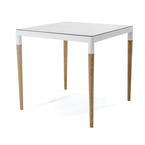  70611 Bloom teak and aluminum 32 inch square dining table angled on white background