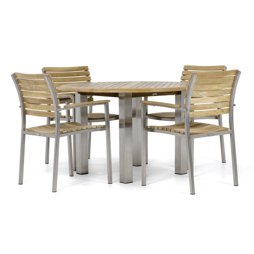 70625 Vogue teak and stainless steel Round 48 inch diameter Dining Set side view on white background