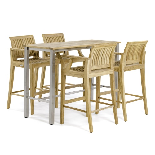 70632 Laguna 5 piece Dining Barstool Set of 4 Laguna teak barstools with arms and Vogue stainless steel and teak rectangular table angled on a white background