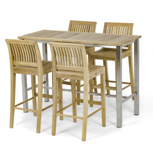 70633 Vogue Laguna 5 piece Bar Set of 4 teak side barstools and a teak and stainless steel 5 foot long rectangle table angled side view on white background